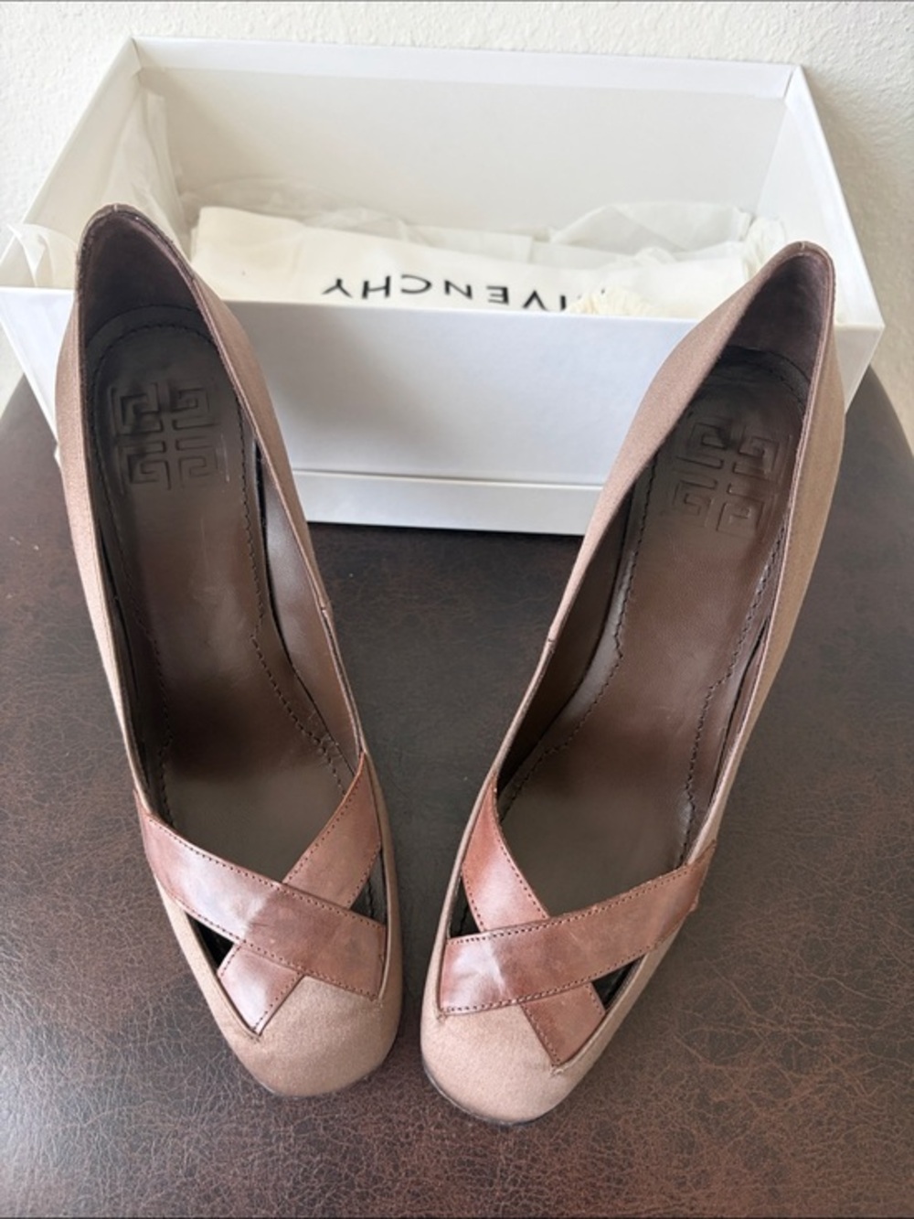 GIVENCHY Taupe Satin and Leather Heels 7.5
